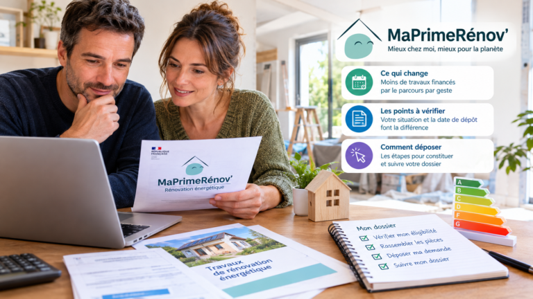 Couple préparant un dossier MaPrimeRénov' 2026 pour financer des travaux de rénovation énergétique | GES