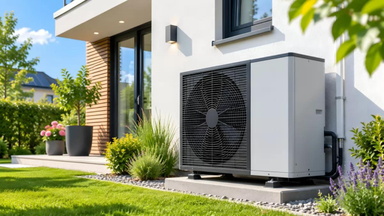 Pompe à chaleur air-eau installée à l’extérieur d’une maison pour réduire les dépenses de chauffage